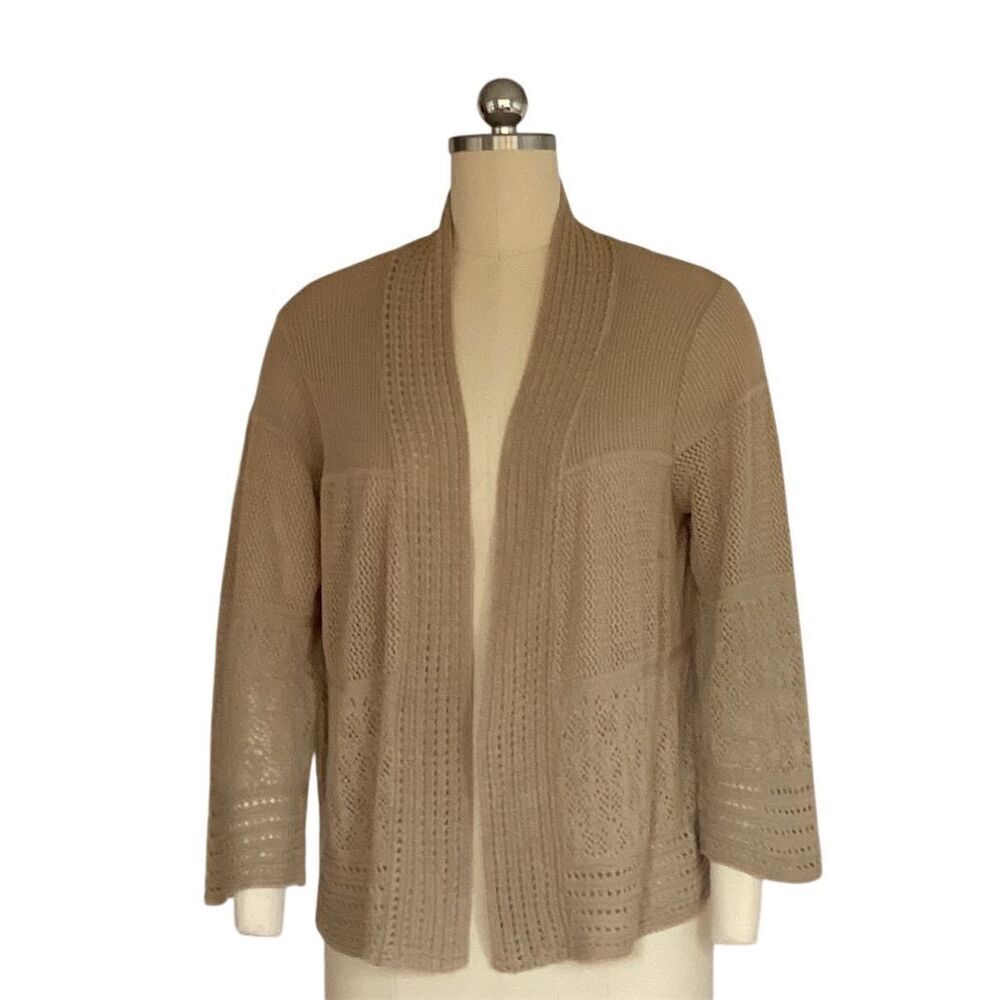 Sweater Works Women's Beige Crochet Shrug Cardigan M 3/4 Sleeve Casual Sweater - Picture 2 of 9